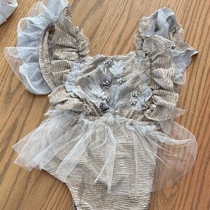 Elegant Silver and Gray Ruffled Baby Romper